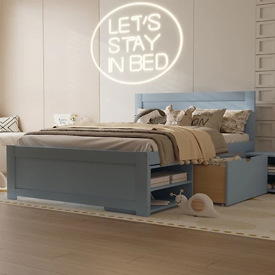 Streamdale Full Size Platform Bed With Drawer And Two Shelves, Gray