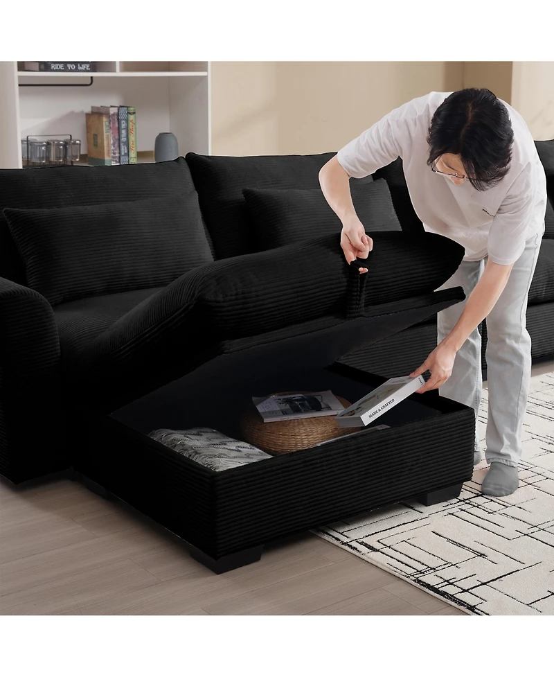 Streamdale Furniture Corduroy Two-Seater Sofa with 2 Storage Footrest,2 Seater Sectional deep seat sofa,Comfy Couches for Living Room,Black Sofa