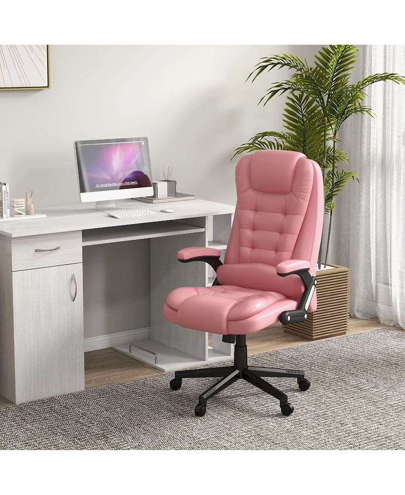 High Back Vibration Massage Office Chair with 6 Vibration Points, Heated Reclining Pu Leather Computer Chair with Armrest and Remote, Pink
