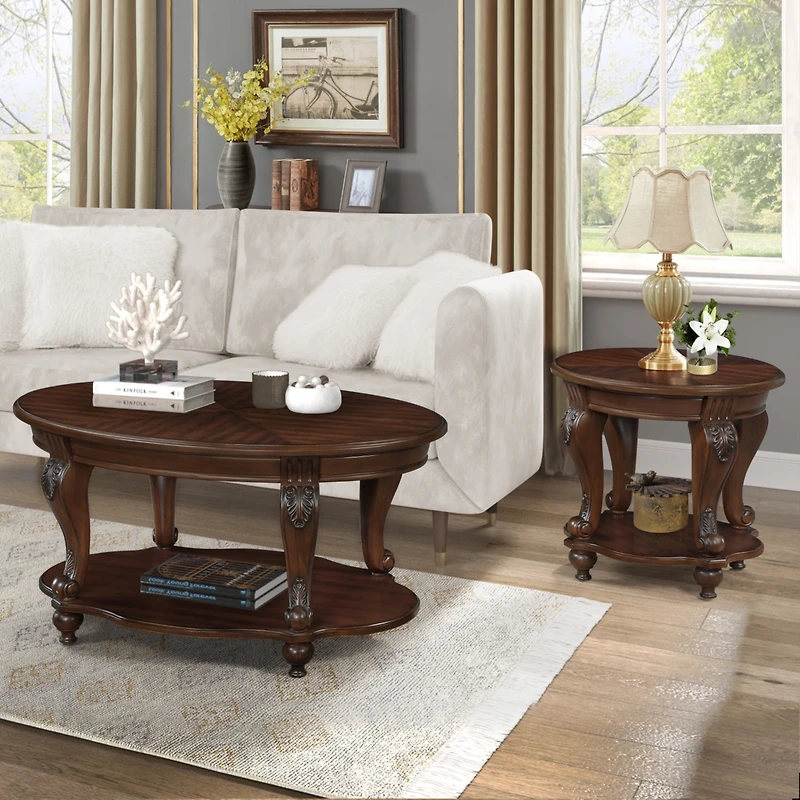Living Room Coffee Table Set, Coffee Table & Two End Side Table 3-Piece Set for Office, Living Room, Apartment, Small Space, Easy Assembly, Cherry