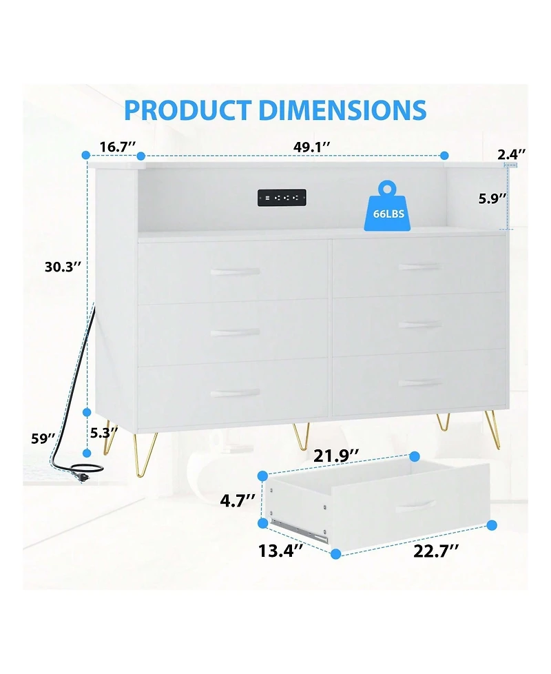 Dresser For Bedroom With Led Light & Charging Station, 6 Wooden Drawers Dressers With 2-Tier Open Shelves, Modern Chest Of Double Wide Drawers For Liv