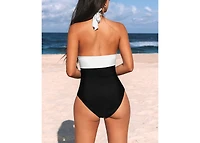 Cupshe Women's High Neck Ruched Halter Self Tie Strap One Piece Swimsuit