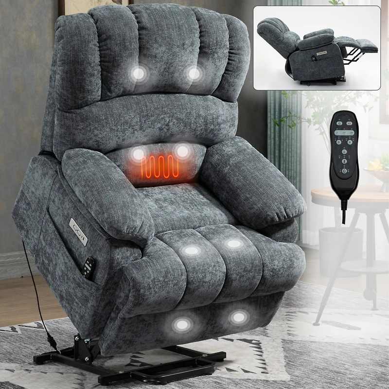 Boyel Living 23" Seat Width and High Back Large Chenille Power Lift Recliner Chair with 8-Point Vibration Massage Lumbar Heating
