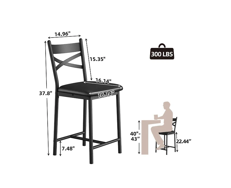 Bar Stools, Bar Chairs Set of 2, Modern Counter Bar Stools with Back & Footrest, Upholstered Island Chairs, Metal Frame Counter Height Barstool for Di