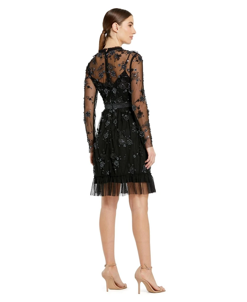 Mac Duggal Women's Sheer Long Sleeve Embellished Midi Dress