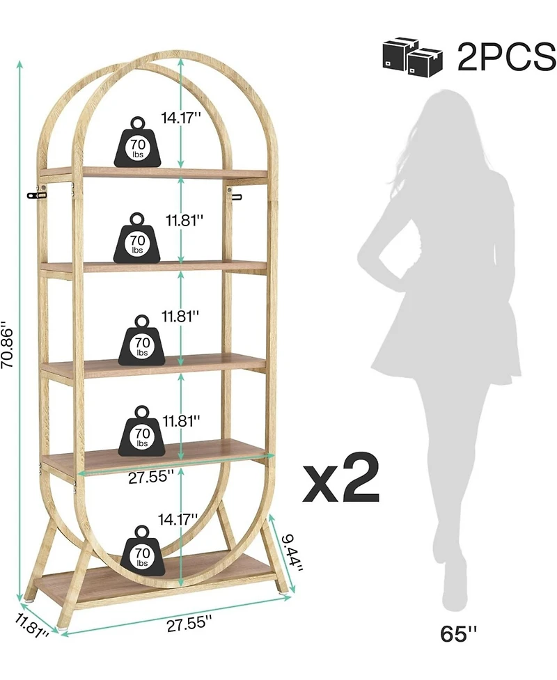 Tribesigns 5-Tier Open Bookshelf, 70.8" Tall Arched Bookcase, Modern Brown Metal Frame Storage Bookshelves