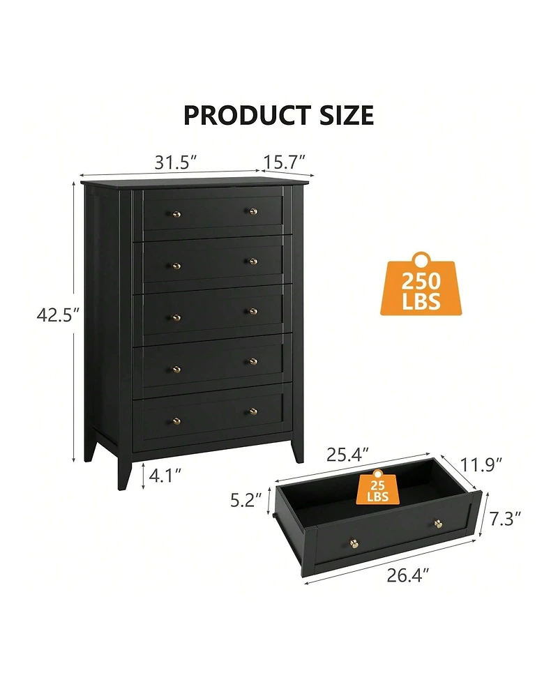 5 Chest Of Drawer Dresser, Modern Tall Nightstand With Deep Drawers And Nickel Round Handle, Wood Organizer Storage Cabinet For Bedroom, Living Room,