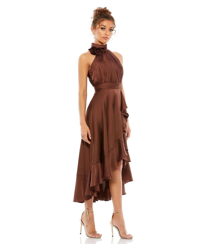 Mac Duggal Women's Halter Neck Flower Detail Ruffled Midi Dress