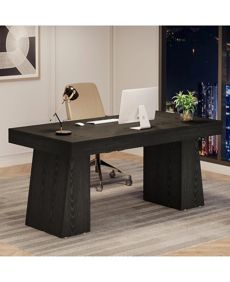 Tribesigns 55 Inches Executive Desk, Mid-Century Modern Home Office Desk with Double Trapezoid Base, Wood Computer Business Workstation