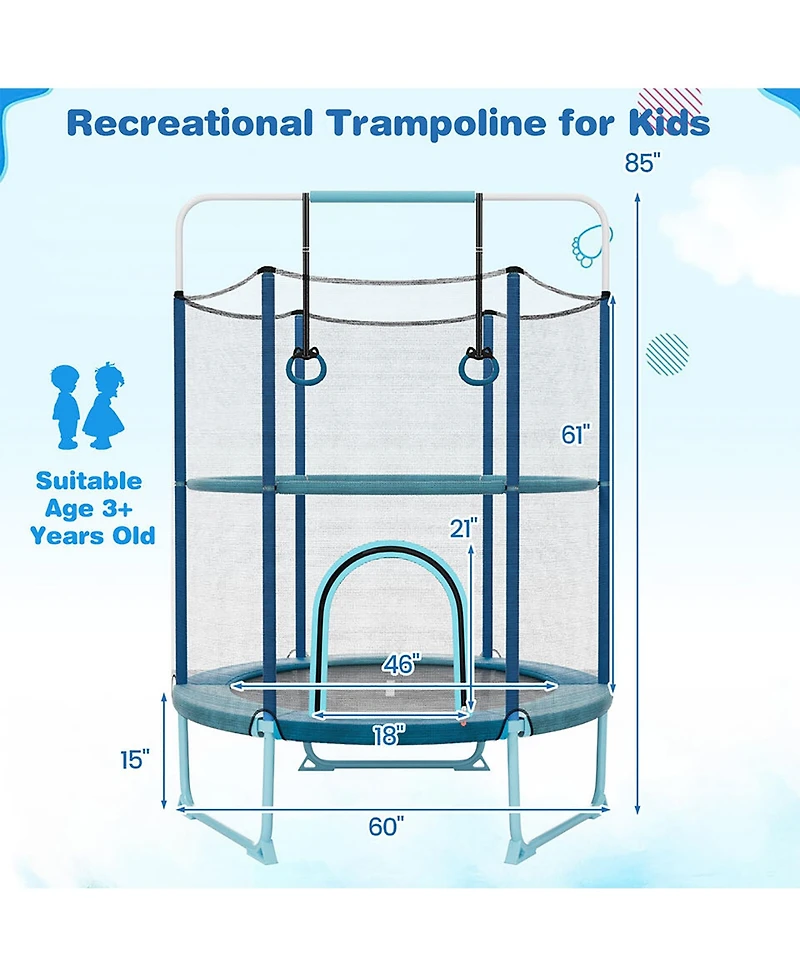 Gymax 60'' Trampoline for Kids w/ Gymnastic Bar Rings Foamed Handle No Gap Design