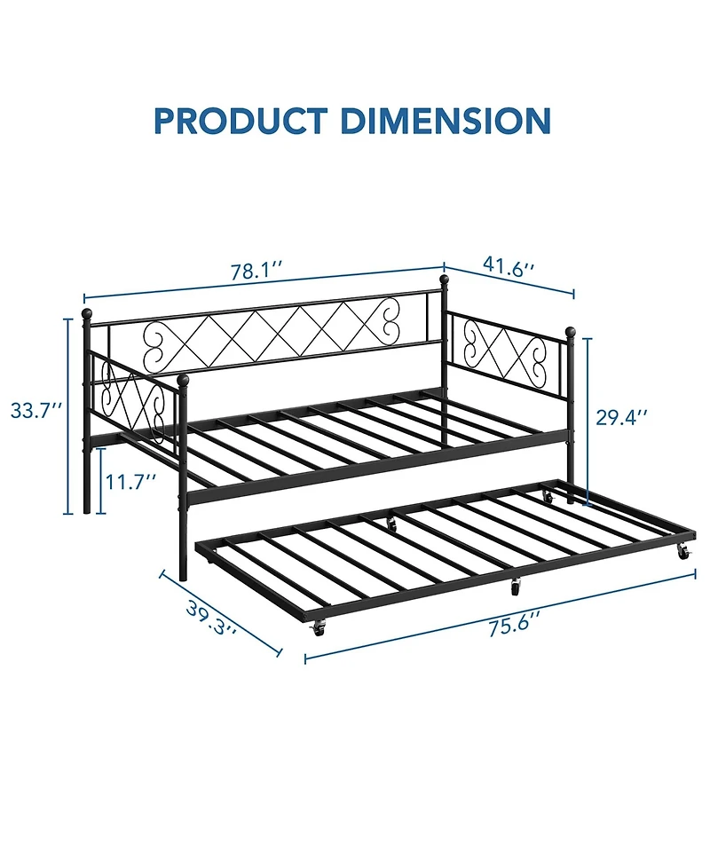Twin Daybed with Pull-Out Trundle, Stylish Headboard and Metal Slats