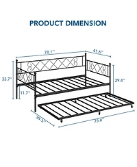 Twin Daybed with Pull-Out Trundle, Stylish Headboard and Metal Slats