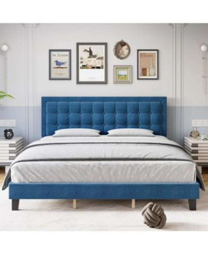 Queen Bed Frame With Adjustable Linen Button Tufted Headboard