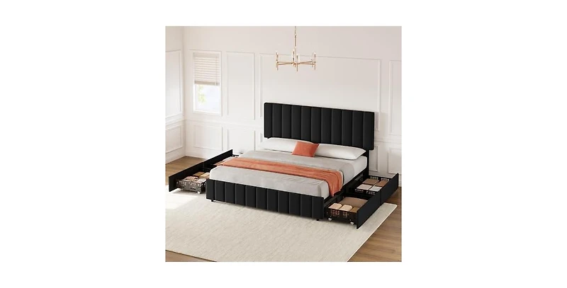 gaomon Queen Linen Upholstered Platform Bed Frame with 4 Storage Drawers