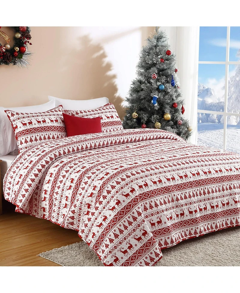 gaomon Christmas Quilt Set Queen, 3-Piece Reversible Boho Bedspread with Christmas Tree, Reindeer & Snowflake Pattern, Lightweight All-Season Bedding