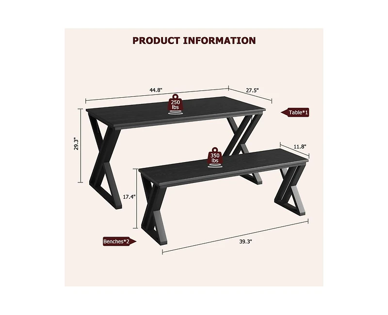 gaomon Dining Table Bench Set for 4, Kitchen Table Set with 2 Benches, Rectangular Dining Room Table Set with Sturdy Metal Frame
