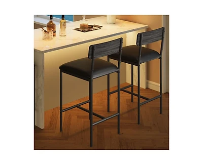 Bar Stools Set of 2, Kitchen Bar Stools with Footrest, 25.5 Inches Upholstered Bar Chairs with Back, 2 Counter Height Barstools for Counter Bar, Islan