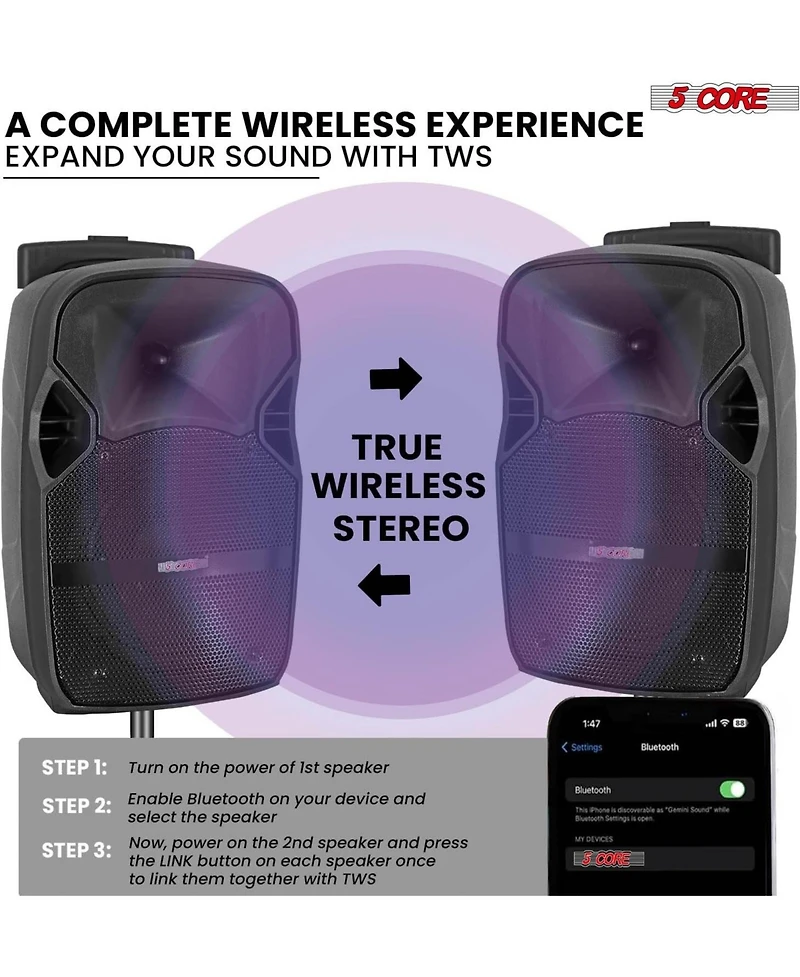 5 Core Tws Pair Bluetooth Party Speakers Portable Karaoke Pa System Rechargeable Loud Speaker + 2X Tripod Stand 4X Wireless Mics Led Light