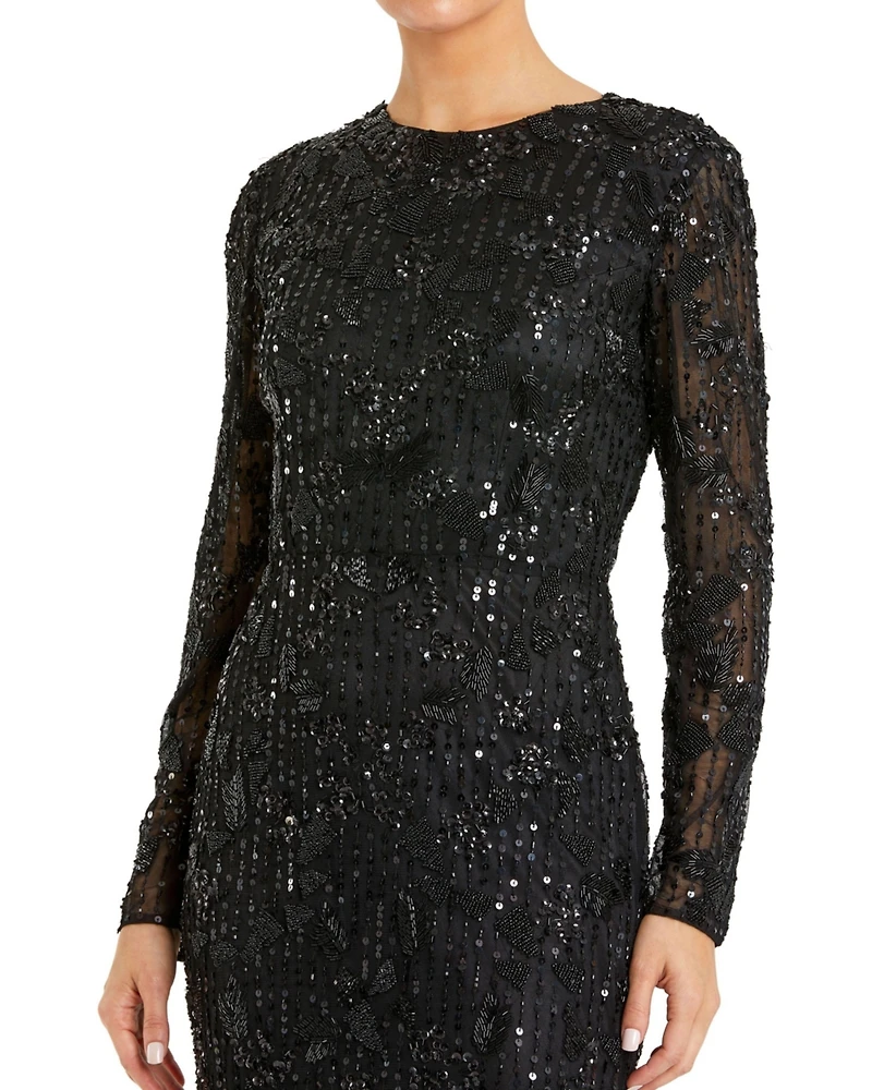 Mac Duggal Women's High Neck Long Sleeve Embellished Dress