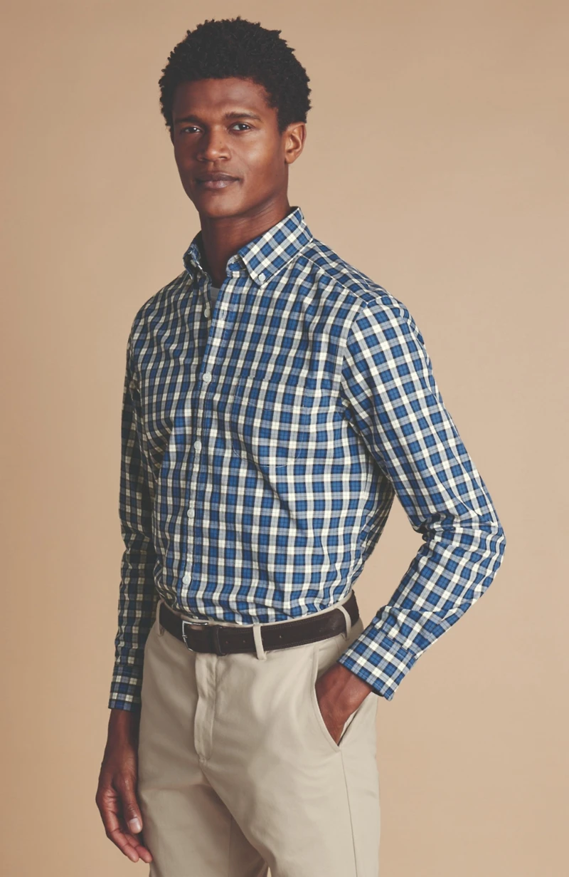 Charles Tyrwhitt Men's Slim Fit Plaid Check Non-Iron Stretch Poplin Shirt