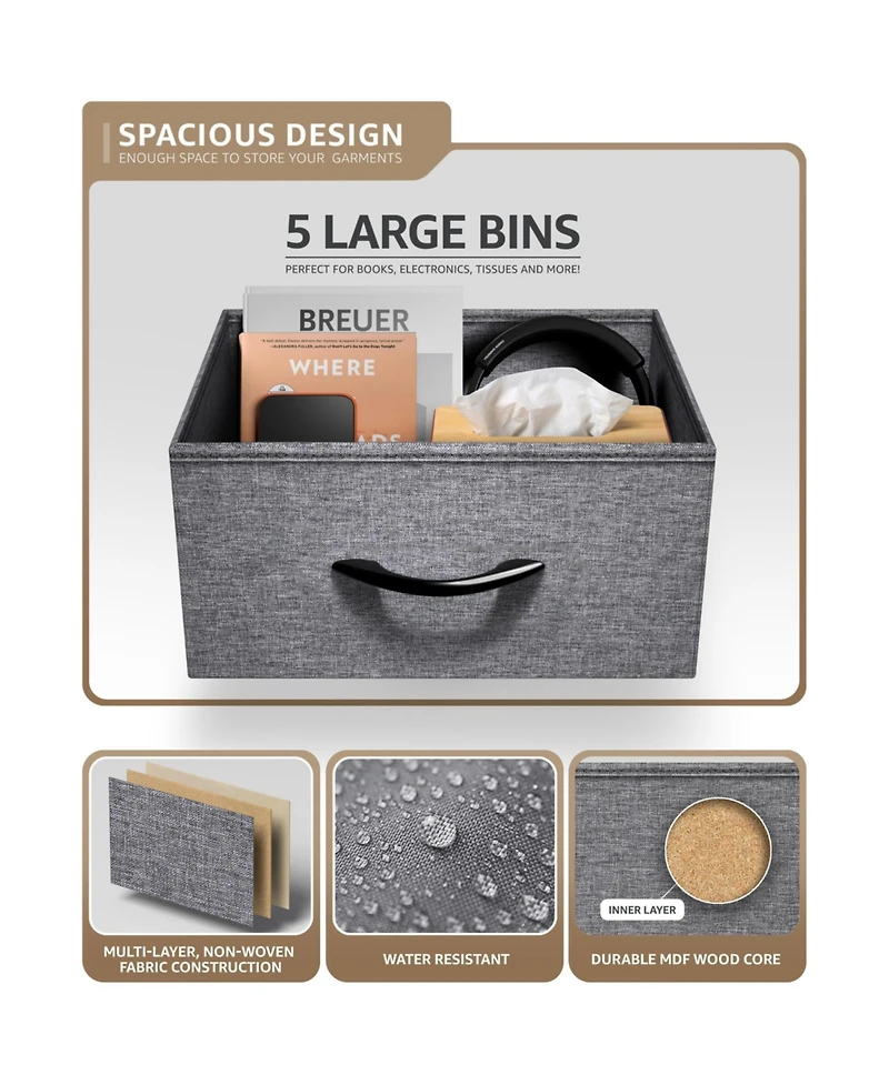 Sorbus Narrow 5 Drawers Nightstand with Steel Frame, Wood Top, Easy Pull Fabric Bins for Home, Bedroom
