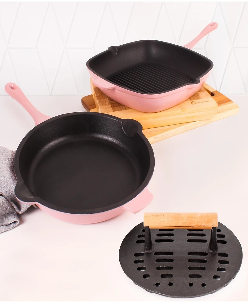 BergHOFF Neo 3pc Cast Iron Fry Pan & Grill Pan Set with Slotted Steak Press