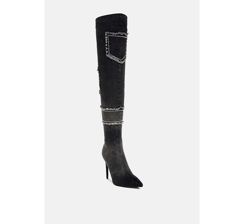 Eilish Rhinestones Knee High Denim Boots