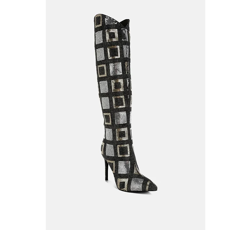 Sharmin Checkered Sequin Knee High Boots