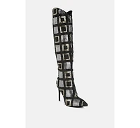 Sharmin Checkered Sequin Knee High Boots