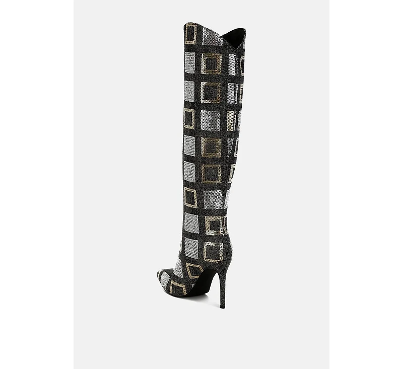 Sharmin Checkered Sequin Knee High Boots