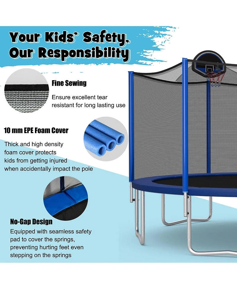 Gymax 15FT Outdoor Large Trampoline Safety Enclosure Net w/ Basketball Hoop Ladder