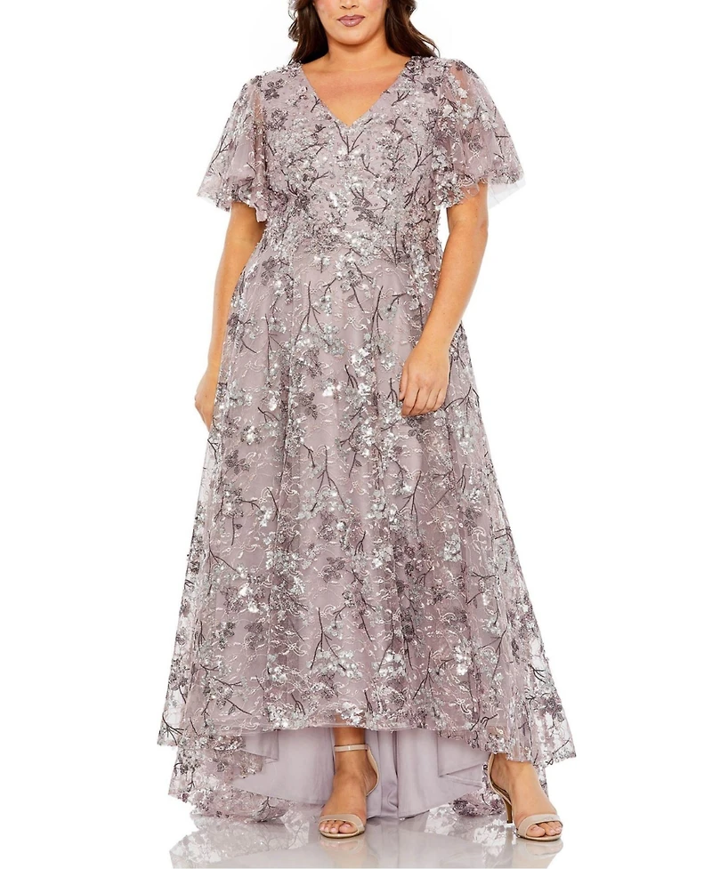 Mac Duggal Plus V Neck Flutter Sleeve A Line Embellished Dress