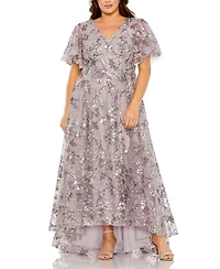 Mac Duggal Plus V Neck Flutter Sleeve A Line Embellished Dress