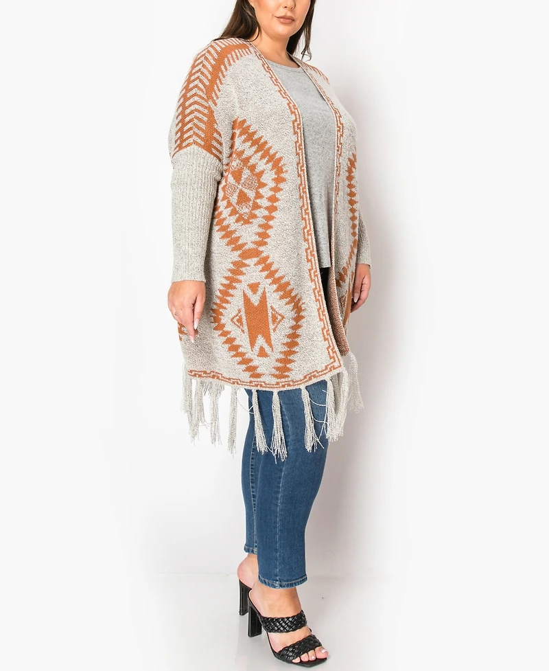 Coin 1804 Plus Tribal Cardigan Sweater with Fringe