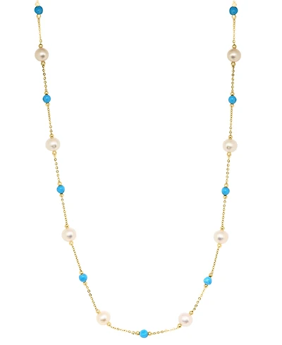 Effy Cultured Freshwater Pearl (6mm) & Turquoise 18" Collar Necklace in 14k Gold