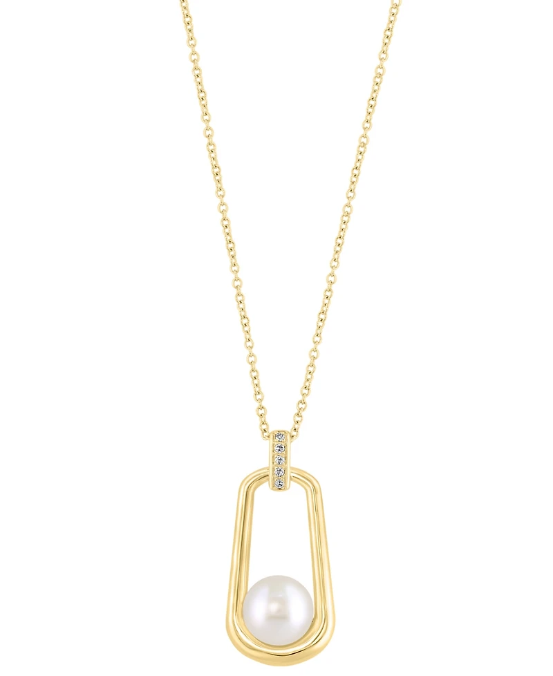Effy Cultured Freshwater Pearl (8mm) & Diamond Accent Polished Oval 18" Pendant Necklace in 14k Gold