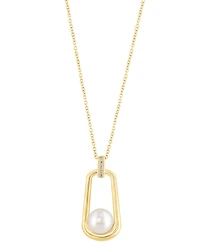 Effy Cultured Freshwater Pearl (8mm) & Diamond Accent Polished Oval 18" Pendant Necklace in 14k Gold