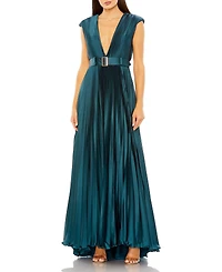 Mac Duggal Women's Pleated Plunge Neck Belted A Line Gown