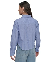 Dkny Jeans Women's Striped Poplin Studded Rhinestone Cotton Long-Sleeve Button-Front Shirt