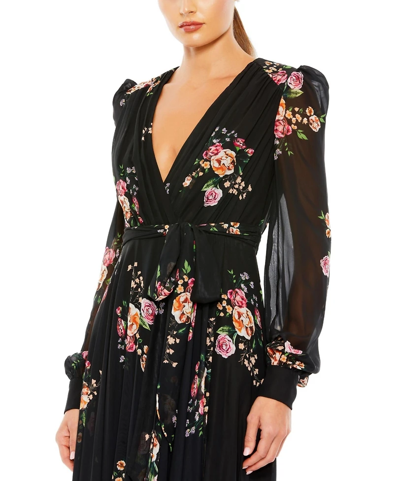 Women's Belted Floral Print Illusion Long Sleeve Gown