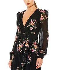 Women's Belted Floral Print Illusion Long Sleeve Gown