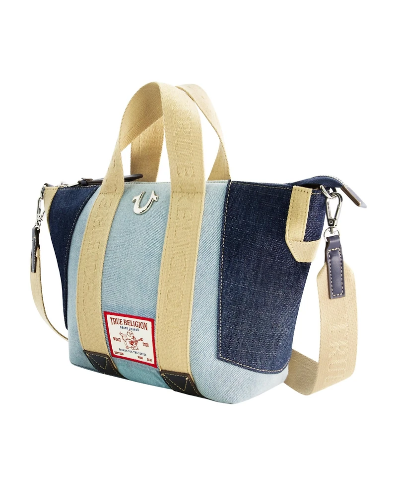 True Religion Licensed Patchwork Denim Tote Bag with Adjustable Strap
