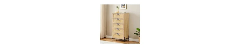 Modern Rattan 5 Drawers Dresser, Double Dresser For Bedroom, Chest Of Closet Organizers And Storage Clothes Bedroom Living Room Hallway