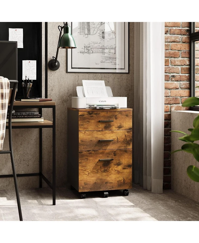 3 Drawer Wood Mobile File Cabinet, Rolling Filing Cabinet for Letter/A4 Size, Rustic