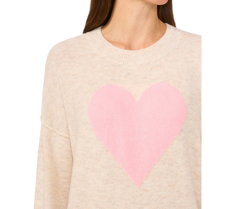CeCe Women's Heart-Print Crewneck Long-Sleeve Sweater
