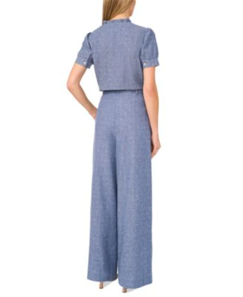 Cece Womens Cotton V Neck Short Sleeve Ruffle Trim Top Cotton Pleated Flared Wide Leg Pants