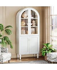 Tribesigns 68" Tall Arched Storage Cabinet, White 5-Tier Display Bookcase with Doors and Adjustable Shelves, Farmhouse Wooden Bookshelf, Kitchen Pantr