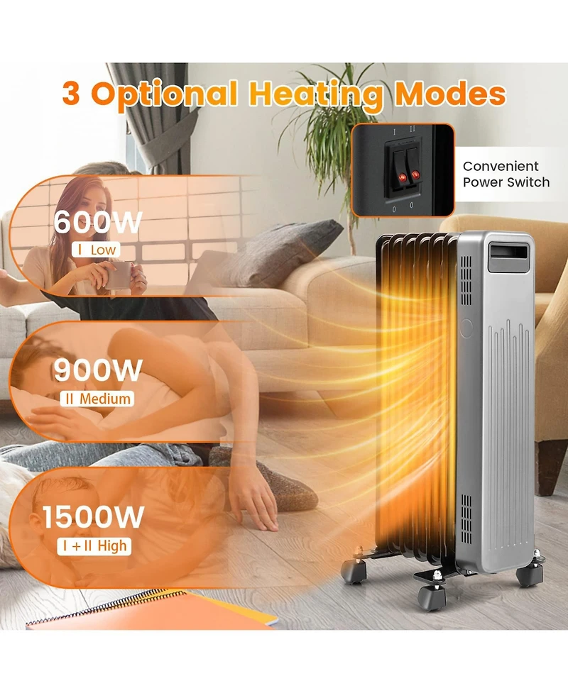 Sugift 1500W Portable Oil-Filled Radiator Heater for Home and Office