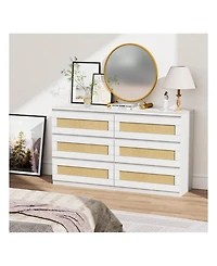 Rattan Dresser For Bedroom, 6 Drawer Dresser For Bedroom, Modern Wide Chest Of Drawers With Anti-Tip Kit