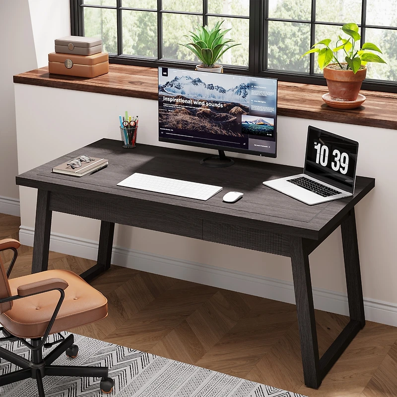 Tribesigns Home Office Executive Desk: 55 Inches Wooden Computer Desk with Drawer, Mid-Century Modern Study Writing Table, Rustic Pc Laptop Desk Works